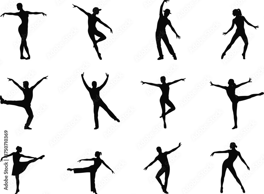 Fototapeta premium Black silhouette vector set of ballet dancers in classical poses, showcasing graceful movement, flexibility, and artistic expression for design use