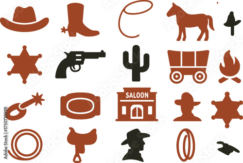 Cowboy 16 Solid Color Icon Set Collection on White Background