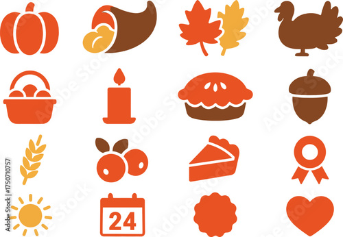 A clean and minimal set of 16 solid color flat icons representing Thanksgiving and autumn harvest themes. Plain simple shapes with smooth edges, no gradients, no textures, no raster effects. Icons inc