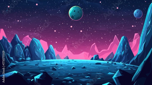 A Cartoon Illustration of an Alien Landscape with Two Planets in the Night Sky