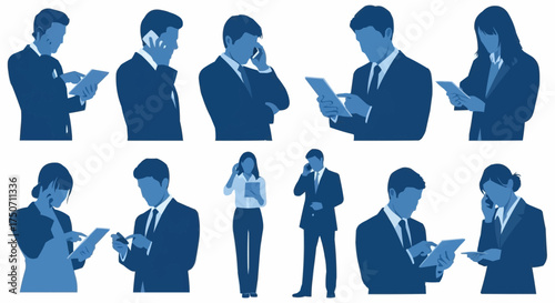 Set of business people silhouettes using smartphones and tablets.