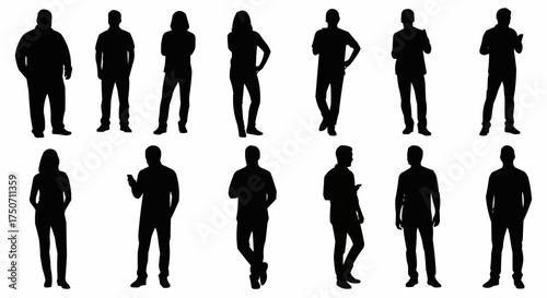 Silhouettes of diverse individuals standing in various poses, representing different activities and interactions.