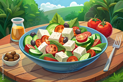 Greek salad with feta cheese, olives, tomatoes, and cucumber, dressed with olive oil fresh Mediterranean cuisine