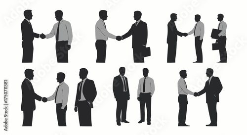 Collection of businessmen silhouettes shaking hands and making deals.