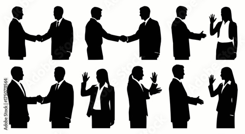 Business people silhouettes shaking hands and greeting each other.