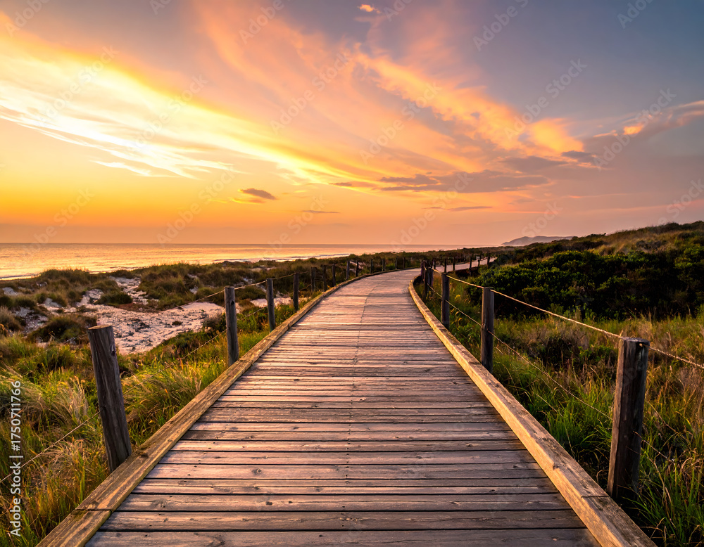 Fototapeta premium Sweeping wooden coastal boardwalk stretching along a shimmering shoreline and dune landscape under a vibrant, colorful sunset sky