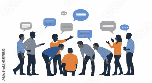 Silhouettes of a diverse group of people in active discussion.