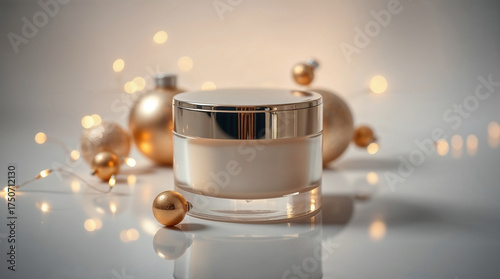 Luxury cosmetic cream jar with golden Christmas decorations and lights