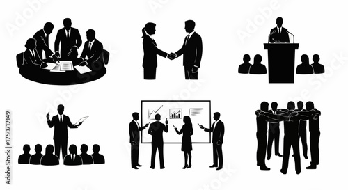 Business people silhouettes in various meeting and presentation scenarios.