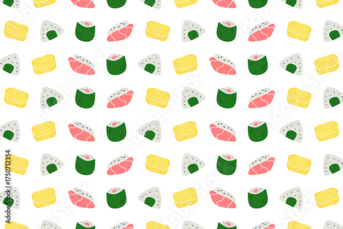 Cute Japanese Food Seamless Background with Sushi and Onigiri