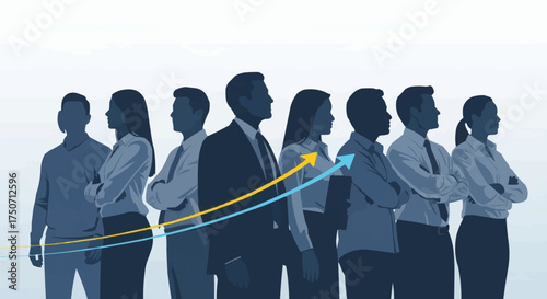 Silhouetted Business Team with Upward Arrows Depicting Growth and Success.