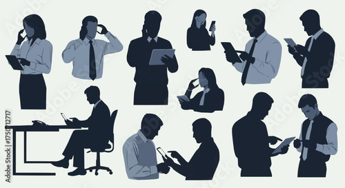 Silhouettes of diverse business people using various digital devices and communicating.
