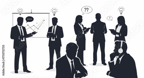 Business people silhouettes in a meeting or presentation setting.