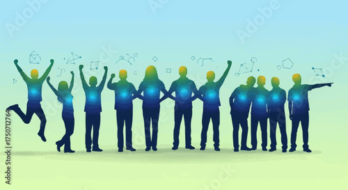 Diverse group of people celebrating with glowing energy.