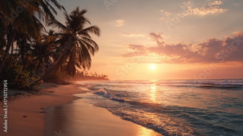 A beautiful sunset over the ocean with palm trees in the background. The sky is filled with clouds, creating a serene and peaceful atmosphere