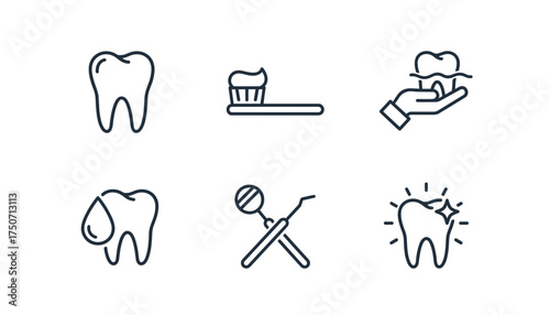 Dental care vector icon set. Line icons for dentistry, stomatology. Tooth, toothbrush, toothpaste, clean, hygiene, whitening, protection, dentist tools, implant symbol.