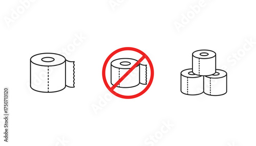 Toilet paper roll vector icon set. Line art of hygiene tissue. Panic buying, shortage, and supply concept. Forbidden sign symbol. Sanitary paper for bathroom and wc.