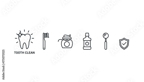 Dental care line icon set. Oral hygiene and stomatology concept. Tooth clean, toothbrush, toothpaste, floss, mouthwash, dentist tool and protection shield vector symbols.