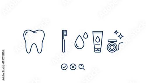 Dental care hygiene line icon set. Tooth, toothbrush, toothpaste, water drop, and floss symbols. Vector illustration for oral health, dentistry, and teeth cleaning concepts.