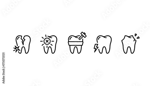Tooth problem line icon set. Dental disease concepts like cracked tooth, pain, sensitivity, toothache and chipped enamel. Dentistry and stomatology vector symbols for healthcare.