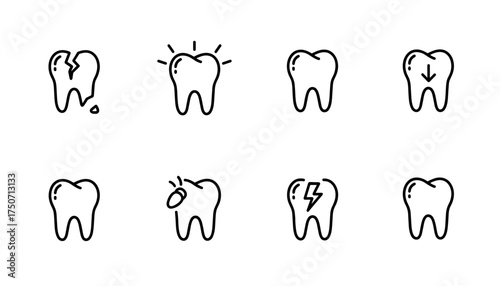 Tooth line icon set. Dental problems and care symbols. Vector collection of teeth icons for dentistry. Includes broken tooth, caries, decay, pain, sensitivity and healthy teeth.