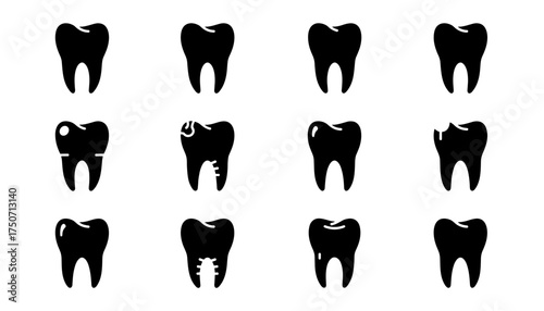 Tooth icon set vector glyph silhouette. Dental collection with healthy teeth and common problems like caries, cavity, decay, filling, implant, and broken tooth. Dentistry concept.