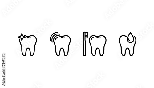 Tooth care icon set. Dental health and hygiene line icons. Vector symbols for dentistry, stomatology. Includes shiny clean tooth, toothache, brushing, and fluoride treatment.