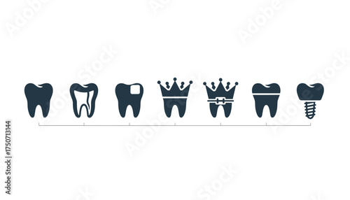 Tooth icon set for dental care. Vector glyphs of tooth treatment: healthy, decay, filling, crown, braces, implant. For dentistry, stomatology, orthodontics, oral hygiene.