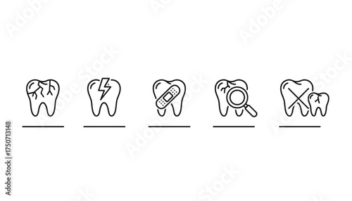 Toothache and dental problems line icon set. Vector icons for stomatology, including cracked tooth, pain, treatment, check-up, and extraction. Oral hygiene and caries concept.