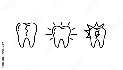 Tooth icon set showing dental problems like cracked tooth and toothache pain. Healthy, clean, and shining tooth concept. Dentistry, stomatology, and oral hygiene vector line icons.