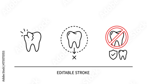 Dental problem and protection icon set. Line art concepts of broken tooth, damage, decay, tooth loss and extraction. Dental insurance, prevention and care vector symbols.