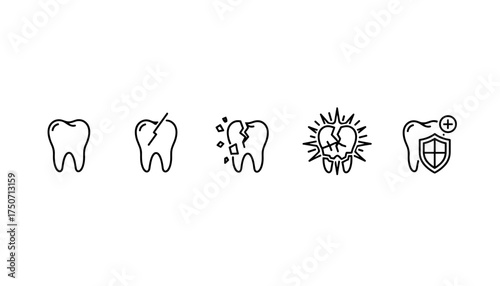 Tooth problem line icon set. Dental health and caries concept. Toothache, broken tooth, decay, and dental protection icons. Dentistry, oral hygiene, and treatment vector.