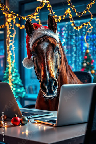 Funny horse in Santa hat working on laptop in Christmas decorated office