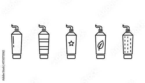 Toothpaste tube line icon set. Vector collection of cream, gel, or ointment packaging symbols. Dental hygiene and oral care product concept. Natural cosmetic paste container.