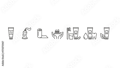 Dental care vector icon set. Oral hygiene line art symbols. Toothpaste tube, toothbrush, floss, tooth, mouthwash. Brushing teeth concept. Stomatology, dentistry graphic.