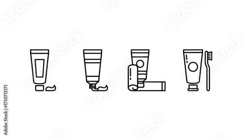 Toothpaste tube line icon set. Vector symbols for dental care, oral hygiene, and teeth brushing. Includes toothbrush, squeezed paste, full and empty tube. Dental health concept.