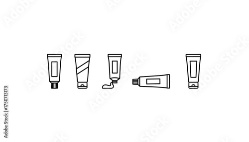 Vector line icon set of toothpaste and cream tubes. Dental care, hygiene, and cosmetic product container. Squeezed tube with paste. Ointment, lotion, gel packaging design.