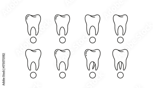 Tooth exclamation mark vector icon set metaphor. Dental problem, caries, and decay concept. Line art for dentistry, oral health, stomatology. Healthy and unhealthy teeth.