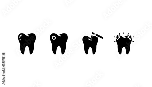 Tooth decay treatment vector icon set. Dental care concept from cavity to restoration. Process of dentist drilling and filling a tooth for a healthy shiny result. Glyph icons.