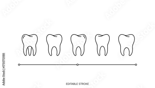 Tooth alignment process vector line icon set. Dental treatment, teeth straightening, and whitening steps. Oral hygiene and dentistry concept. Editable stroke infographic element.
