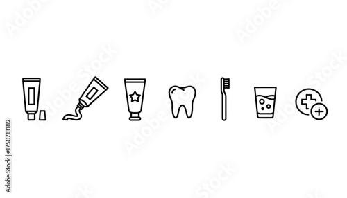 Dental care hygiene icon set. Toothpaste tube, toothbrush, and tooth vector icons. Oral health and stomatology concept. Line art illustration for dentist and medical design.