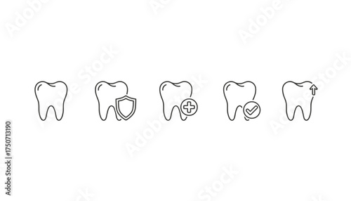 Tooth dental care vector icon set. Oral hygiene and dentistry line symbols. Dental insurance, protection, treatment, and checkup concepts. Healthy tooth, approved, and removal.
