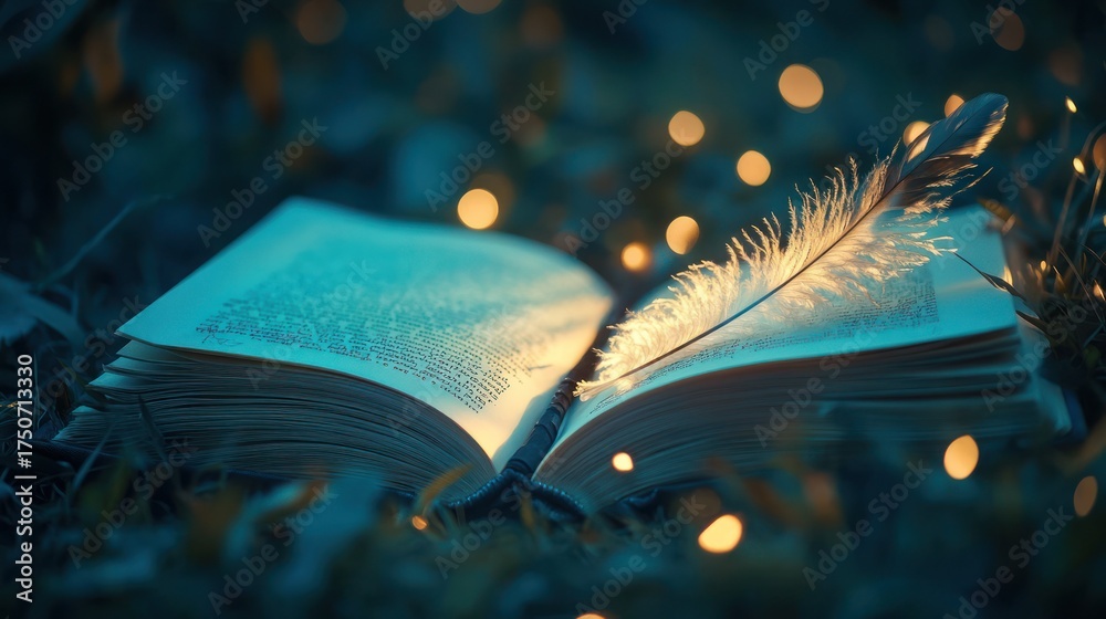 custom made wallpaper toronto digitalOpen book, feather, teal light, mystic garden, reading, night, background, stock photo