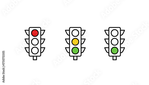 Traffic light icon set in thin line art vector style. Road signal sequence with red, yellow, and green lights for stop, wait, and go. Transportation safety and control symbol.