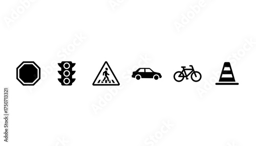 Traffic and road safety vector icon set. Stop sign, traffic light, pedestrian crosswalk, car, bicycle, and cone glyphs. Urban transportation and street signs symbols.