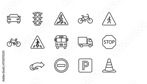 Traffic icons vector line art set. Road safety signs collection. Car, bus, truck, bicycle transport symbols. Pedestrian crossing, stop, parking, traffic light outline pictograms.
