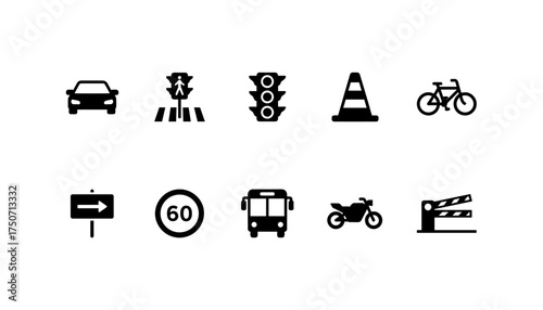 Traffic icon set vector glyph collection. Road signs and transport symbols. Car, bus, bicycle, motorcycle pictogram. Pedestrian crossing, traffic light, speed limit sign.