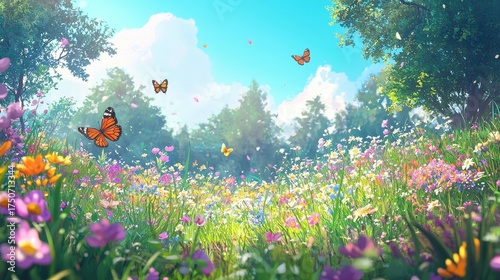 Vibrant Meadow with Butterflies and Colorful Wildflowers Under Blue Sky.