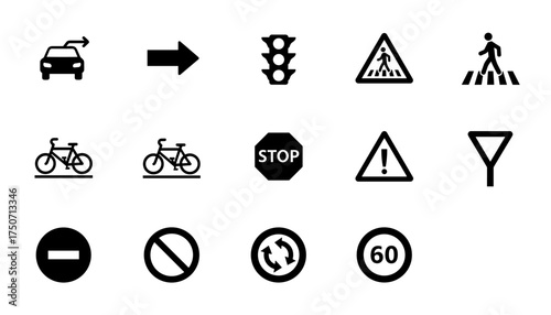 Traffic road sign vector icon set. Driving safety glyph collection. Pedestrian crosswalk, stop, yield, speed limit, roundabout, traffic light, bicycle and car symbols.