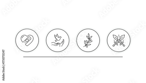 Vector icon set forgiveness and peace. Thin line symbols of reconciliation, healing a broken heart, and letting go. Dove, olive branch, broken swords. Mental health concept.